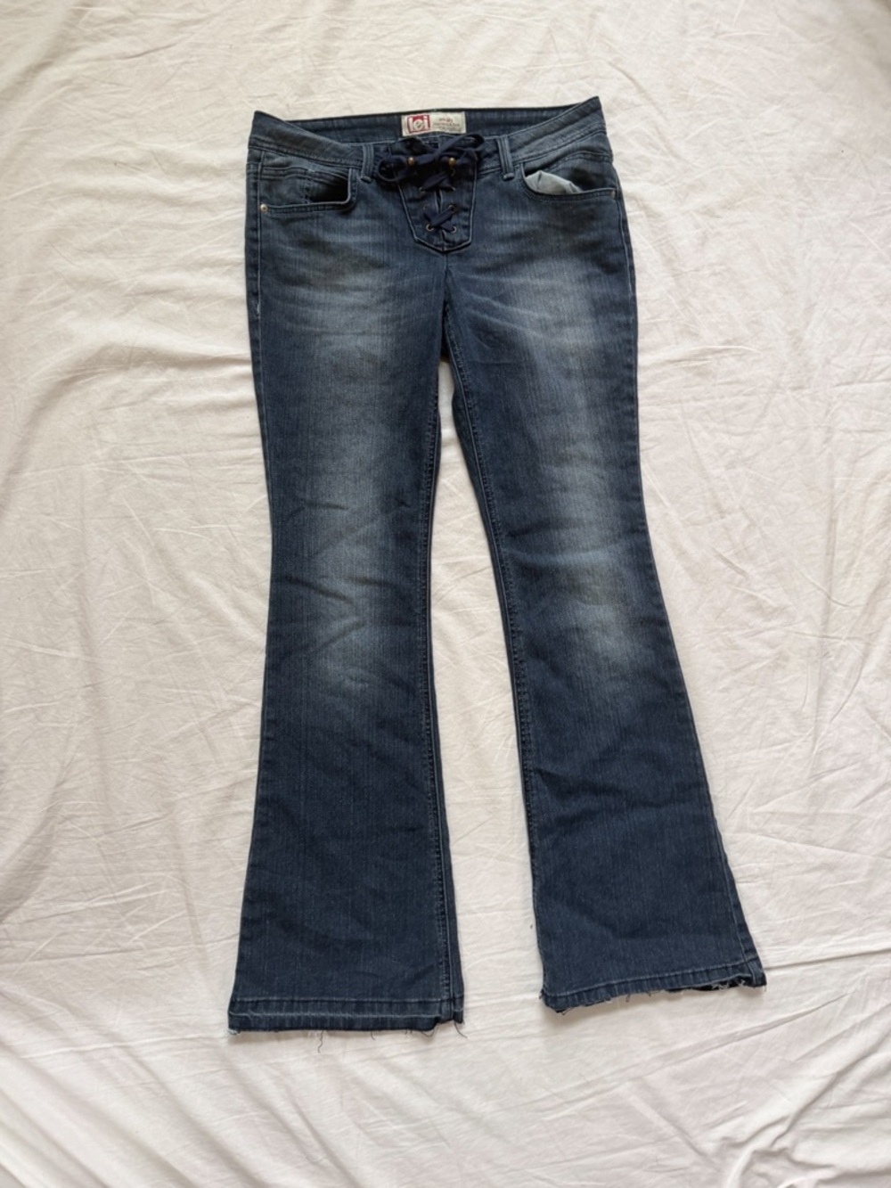 lei low rise lace up Dark Blue Lace-Up Flare Jeans